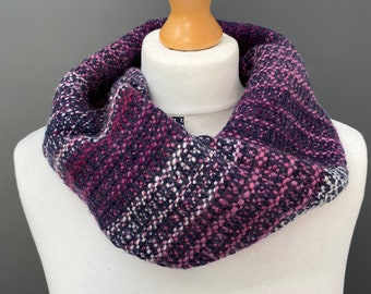 Handwoven cowl scarf, purple navy weave - woven with  handspun merino and lambswool  fibres in purple pink and navy shades, a unique gift
