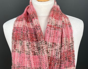 Handwoven pink scarf, woven with a coral, brown and pastel dusty pink acrylic, cotton and wool yarn - a super soft cosy gift