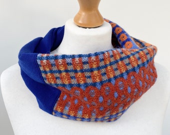 Handwoven orange blue cowl, merino infinity scarf -  woven with fine lambswool and sewn with some repurposed knitted fabric - a luxury gift