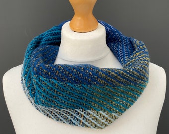 Blue handwoven cowl,  lambswool snood scarf - woven with merino yarn in blue, yellow, navy and turquoise tones, a luxury special unique gift