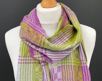 Handwoven elegant scarf, luxury silky bamboo - woven with green, pink and silver bamboo yarn -  a  beautiful silky luxury gift.