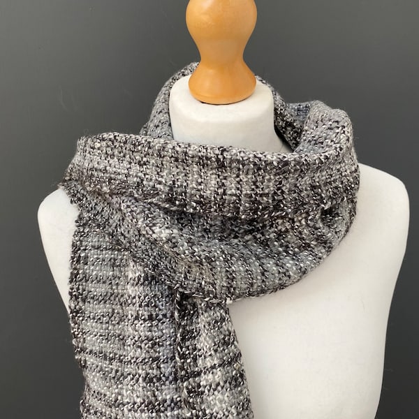 Handwoven grey scarf,  handspun merino and silk, woven with white, black and grey handspun yarn - a unique unisex gift to snuggle into.