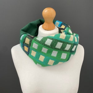 Handwoven green snood, luxury infinity cowl scarf, woven with green, turquoise and pale teal merino yarns, a unique luxury gift.