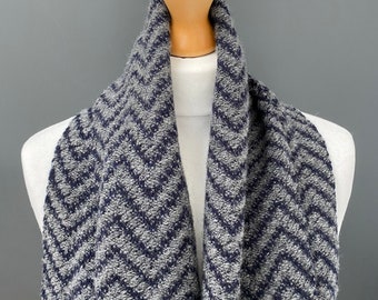 Handwoven merino scarf, distinctive luxury wool accessory  - woven with zig zags in grey and navy shades of lambswool, a unique unisex gift