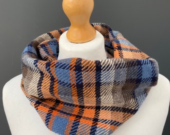 Handwoven tartan cowl,  merino lambswool snood, scarf woven in orange, blue and navy colours, a unique, luxury and stylish gift