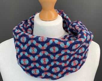 Handwoven navy cowl, orange snood scarf  - woven with a reversible merino design to create a cosy, snuggly, luxury gift.