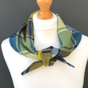 Handwoven Lambswool Tartan Triangle Scarf: Navy, Yellow and Blue Neckerchief
