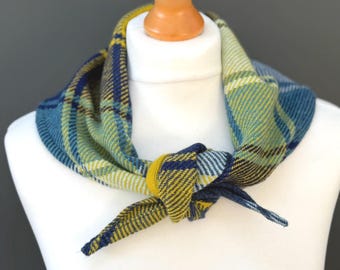 Handwoven Lambswool Tartan Triangle Scarf: Navy, Yellow and Blue Neckerchief