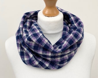 Handwoven navy cowl, merino purple infinity scarf  -  Woven with navy, lilac and white fine lambswool to produce a luxury and stylish gift