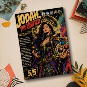 May include: A rectangular trading card featuring Jodah, the Unifier, a human wizard character with dark hair in ornate purple and gold robes. The card displays text detailing legendary creature abilities, a 5/5 power rating, and colourful magical orbs.