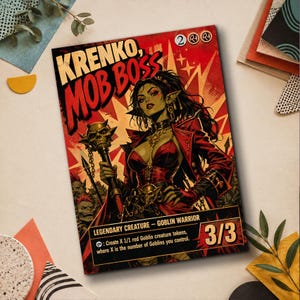 May include: A rectangular trading card featuring a green-skinned character titled Krenko, Mob Boss. The card displays red and black artwork, a skull-topped staff, the text Legendary Creature - Goblin Warrior, and the power and toughness value 3/3.