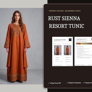 May include: A rust sienna long-sleeved tunic featuring a notched neckline and intricate dark brown geometric embroidery on the chest, cuffs, and hem. The garment is presented as part of a MÖNRK ATELIER blueprint pack, including two pages of technical design specifications.