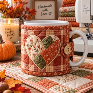 Può includere: Una tazza in ceramica bianca con un rivestimento in tessuto trapuntato a quadri color arancio ruggine e crema. Il rivestimento è decorato con un'applicazione centrale a forma di cuore in tessuto a motivi floreali e di foglie, fissata da un bottone.