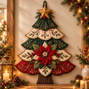 May include: A quilted wall hanging shaped like a Christmas tree, featuring layered scalloped fabric tiers in dark green, cream, and red. The tree is decorated with a large central red poinsettia, embroidered holly leaves, and a gold star at the top.