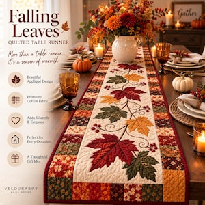 Falling Leaves Quilted Table Runner Pattern, Autumn Applique, Thanksgiving Decor (PDF)
