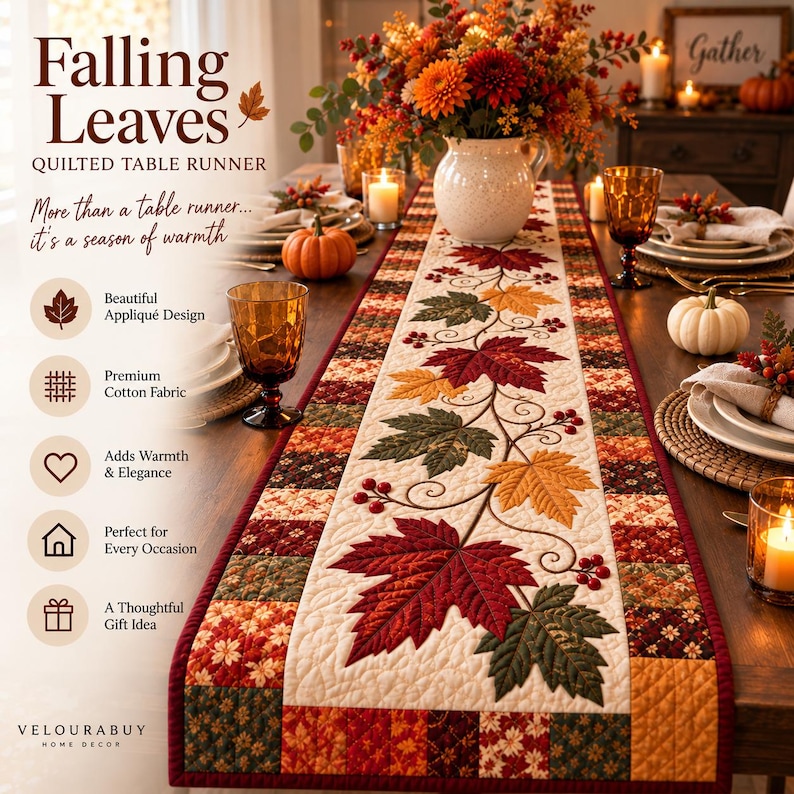 Falling Leaves Quilted Table Runner Pattern, Autumn Applique ...