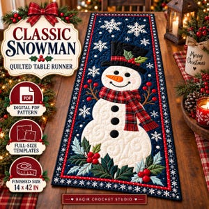 May include: A quilted table runner featuring a central snowman wearing a black top hat and a red plaid scarf, set against a dark blue background with white snowflakes. The runner includes holly and berry accents and measures 14 by 42 inches.