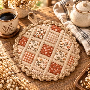 Könnte beinhalten: Ein runder, gesteppter Topflappen mit einem Gittermuster aus abwechselnden Stoffquadraten in Rostorange, Creme und Braun. Die Quadrate zeigen Blumenmuster und Vichy-Karos, abgerundet durch eine beige, gewellte Bordüre und eine kleine Stoffschlaufe.