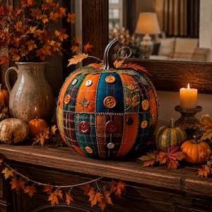 May include: A round fabric pumpkin decoration featuring a patchwork design of plaid and solid panels in orange, blue, and brown. The pumpkin is embellished with various round buttons and small fabric leaf cutouts, topped with a dark stem.