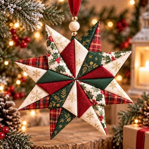 May include: A fabric star ornament featuring a patchwork design of red, dark green, and cream-coloured fabric triangles. The patterns include red and green plaid, holly berries with leaves, and gold snowflakes. It hangs from a red ribbon with a wooden bead.