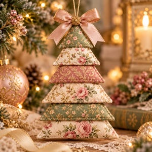 Peut inclure: Une décoration de sapin de Noël en tissu composée de six segments triangulaires empilés avec des motifs floraux alternés dans des tons vert sauge, crème et vieux rose. L'ornement est surmonté d'un nœud en satin et d'une petite décoration dorée.