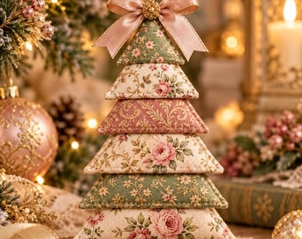 May include: A tiered fabric Christmas tree ornament featuring six stacked triangular segments in alternating floral patterns of sage green, cream, and dusty rose. The ornament is topped with a satin ribbon bow and a small gold-toned embellishment.