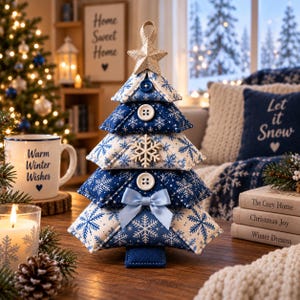 May include: A fabric Christmas tree ornament featuring alternating layers of blue and white snowflake-patterned fabric. The tree is decorated with two white buttons, one blue button, a white snowflake cutout, a light blue satin bow, and a gold star.