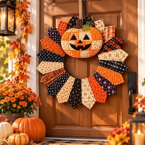 Pumpakrans sömnadsmönster PDF, Patchwork Jack O'Lantern Dresden-krans, Quiltad Halloween-dörrkrans, Höstdekor