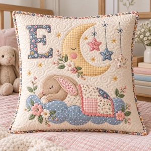 Bunny Pillow Sewing Pattern PDF, Applique Nursery Cushion, Custom Initial Alphabet, Moon and Stars Quilted Pillow, Baby Gift | VELOURABUY