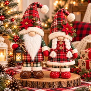 May include: Two plush gnome figurines featuring red and green plaid fabric, white faux fur accents, and poinsettia embellishments. One gnome holds a small black lantern, while the other features braided hair and two wooden buttons.