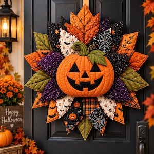 Puede incluir: Una corona de tela acolchada con una calabaza naranja central con cara negra. La corona está compuesta por hojas de tela puntiagudas y superpuestas en naranja, negro, morado y verde, decoradas con patrones de murciélagos, telarañas y estrellas.