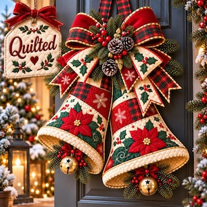 May include: A quilted Christmas decoration featuring two bell-shaped ornaments with red poinsettia and green holly patterns, accented by a large plaid bow, pinecones, and gold jingle bells. A matching quilted tag with the word Quilted is attached.
