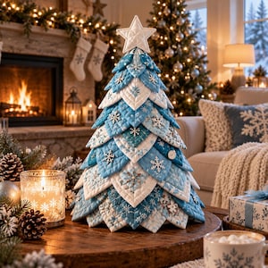 Pode incluir: Uma árvore de Natal decorativa de tecido construída com peças de tecido acolchoadas em forma de folha sobrepostas em tons de azul e branco. A árvore é rematada com uma estrela acolchoada branca e apresenta pequenos enfeites de flocos de neve.