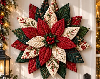 Peut inclure: Une couronne de poinsettia en tissu composée de pétales matelassés dans des tons rouge profond, vert foncé et crème avec des motifs de houx. Le centre est orné d'un groupe de petites baies rouges brillantes, le tout suspendu par une boucle en tissu.