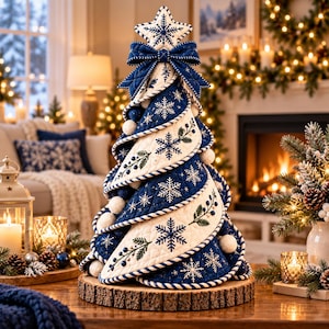 May include: A decorative tabletop Christmas tree made of quilted fabric in navy blue and white, featuring embroidered snowflake patterns, a large fabric bow at the top, and white pom-pom accents, all mounted on a circular wooden base.