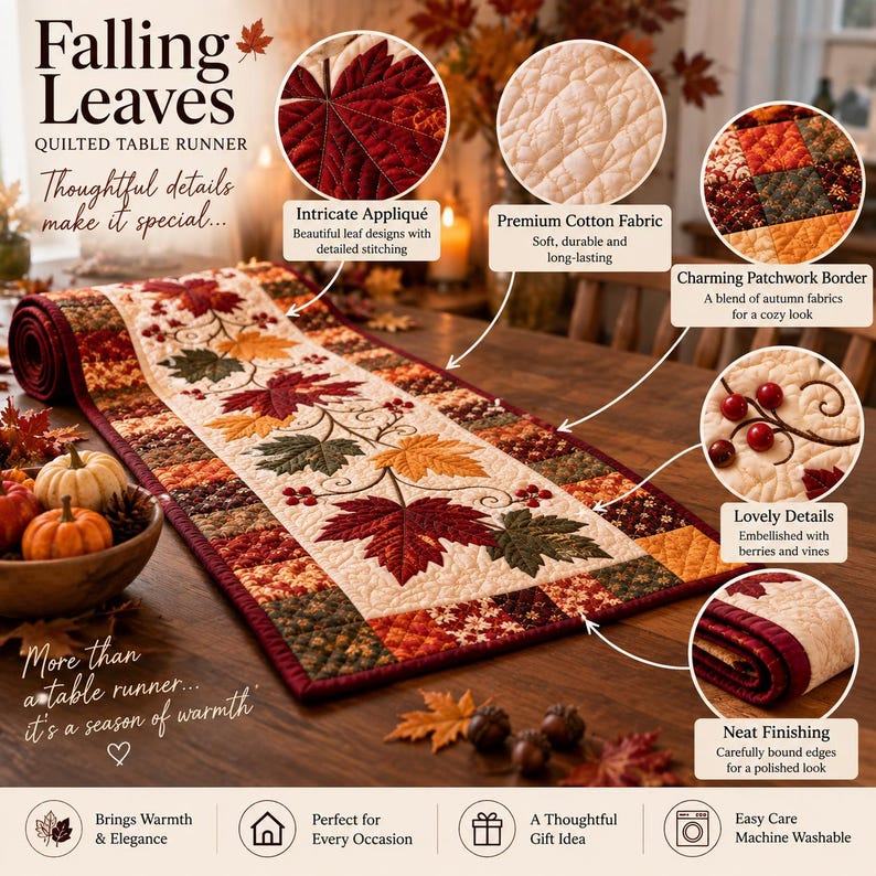 Falling Leaves Quilted Table Runner Pattern, Autumn Applique ...