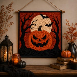 May include: A square quilted wall hanging featuring a central orange jack-o'-lantern with a black face, set against a large cream-colored moon and black silhouettes of bare trees and two flying bats, all framed by a dark border and wooden rod.
