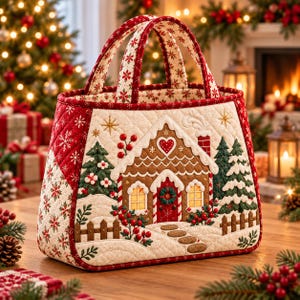 Könnte beinhalten: Eine gesteppte Tragetasche mit einem Lebkuchenhaus-Motiv, einer verschneiten Landschaft, Tannenbäumen und roten Beeren. Die Tasche hat einen Besatz aus rot-weißem Stoff mit Schneeflockenmuster und zwei passende Tragegriffe.