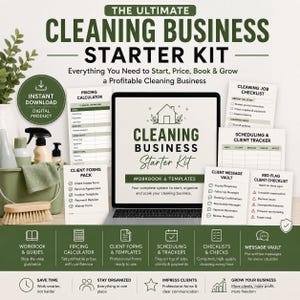 Pode incluir: Um kit inicial digital para empresas de limpeza com um computador portátil exibindo o título, rodeado por documentos impressos, incluindo uma calculadora de preços, lista de tarefas, formulários de clientes e um arquivo de mensagens.