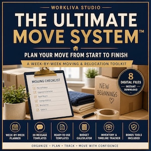 May include: A digital moving and relocation toolkit titled The Ultimate Move System by Workliva Studio. The graphic features a clipboard with a moving checklist, cardboard boxes, and icons for a planner, templates, calculator, and inventory tracker.
