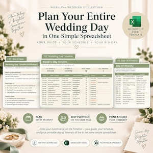 Könnte beinhalten: Eine Microsoft Excel Hochzeitsplanungs-Vorlage mit einem digitalen Dashboard, das einen Zeitplan und eine Reiseroute für den Hochzeitstag enthält. Die Oberfläche zeigt Reiter in Salbeigrün und Cremetönen zur Organisation.