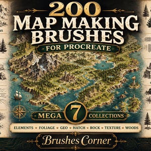 Könnte beinhalten: Eine digitale Produktanzeige mit dem Titel 200 Map Making Brushes for Procreate, die eine zentrale Fantasy-Kartenillustration zeigt, umgeben von kategorisierten Pinselmustern wie Bergen, Wäldern, Felsen, Gelände, Laub, Schraffuren und Texturen.