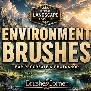 Può includere: Una grafica digitale che riporta il testo ULTIMATE LANDSCAPE TOOLKIT, ENVIRONMENT BRUSHES FOR PROCREATE & PHOTOSHOP e BrushesCorner. Lo sfondo mostra un pittoresco paesaggio montano con un lago, pini e un cielo al tramonto.
