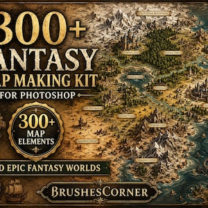 Può includere: Un kit digitale per la creazione di mappe fantasy per Photoshop con oltre 300 elementi. L'immagine mostra una mappa dettagliata con montagne, foreste, castelli e un drago. Il testo recita 300+ FANTASY MAP MAKING KIT FOR PHOTOSHOP.