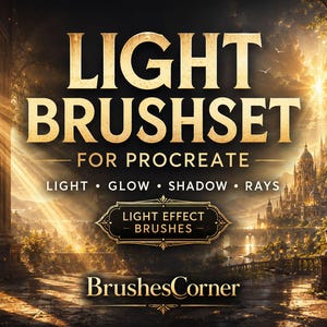 Peut inclure: Un graphique numérique affichant le texte LIGHT BRUSHSET FOR PROCREATE, LIGHT GLOW SHADOW RAYS, LIGHT EFFECT BRUSHES et BrushesCorner. L'arrière-plan présente un paysage fantastique doré et ensoleillé avec des arches en pierre et un château.