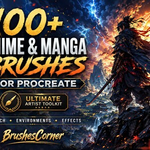 Puede incluir: Un anuncio de producto digital con el texto 100+ ANIME & MANGA BRUSHES FOR PROCREATE, ULTIMATE ARTIST TOOLKIT, SKETCH, ENVIRONMENTS, EFFECTS y BrushesCorner. La imagen muestra a un guerrero de pie sobre un acantilado rocoso al atardecer.