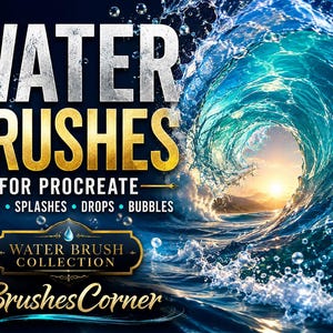 May include: A digital graphic featuring the text WATER BRUSHES FOR PROCREATE WAVES SPLASHES DROPS BUBBLES and WATER BRUSH COLLECTION BrushesCorner. The image displays a large, crashing ocean wave with a sunset visible through the center of the curl.