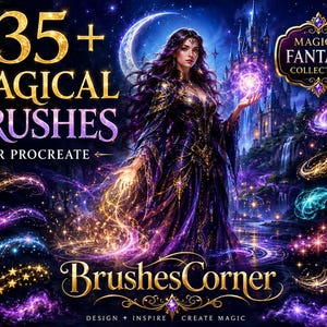 May include: A digital art collection titled 35+ Magical Brushes for Procreate featuring a fantasy character in a purple gown surrounded by glowing gold, blue, and purple light effects, stars, and swirls, with the text BrushesCorner at the bottom.