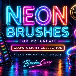 May include: A digital graphic display featuring the text NEON BRUSHES FOR PROCREATE GLOW & LIGHT COLLECTION and BrushesCorner. The image shows a tablet screen with a lion illustration, a gold premium seal, and glowing neon light effects.