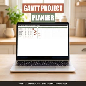May include: A silver laptop displaying a Gantt project planner spreadsheet on its screen. The screen shows a detailed task list with dates and a visual timeline. The text GANTT PROJECT PLANNER appears above, and TASKS, DEPENDENCIES, TIMELINE THAT DRAWS ITSELF below.